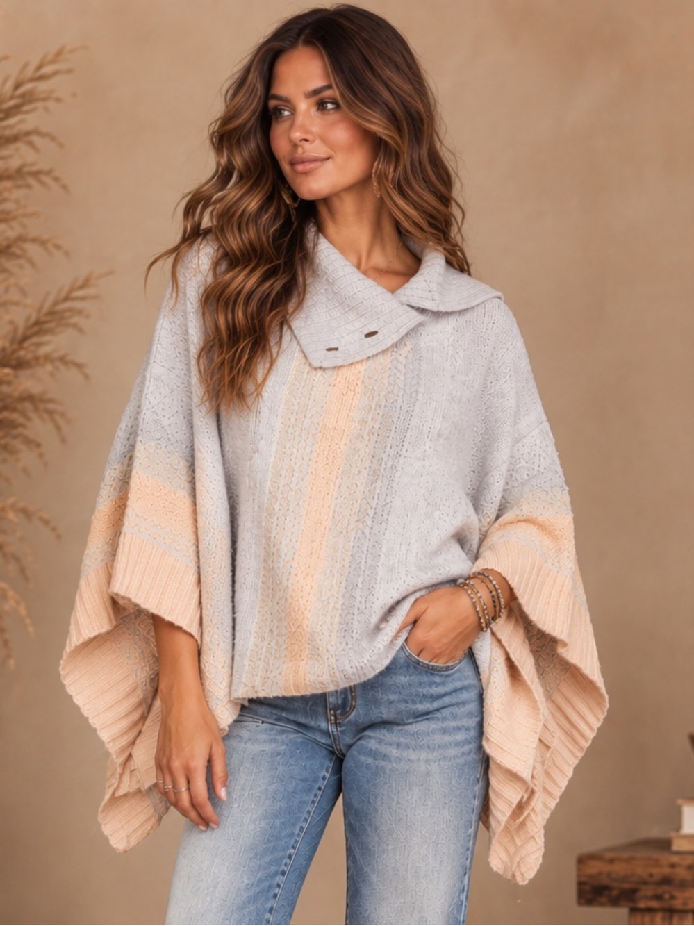 Free People Willow Cozy Two-Tone Knit Poncho Sweater
